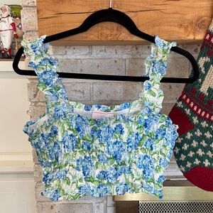 Hill HouseFloral Ruffle Top - Blue and Green